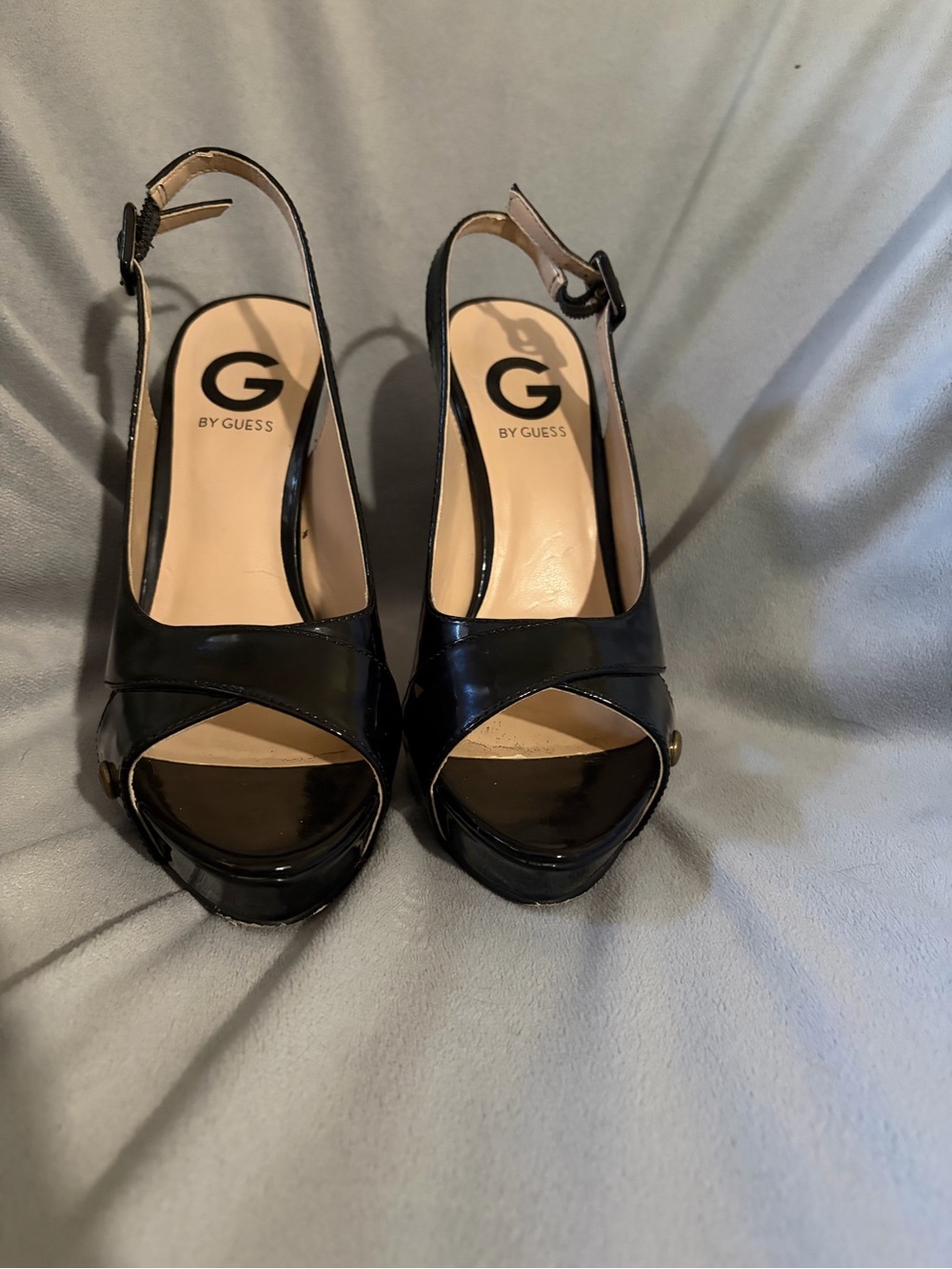 G by Guess Black Patent Open-Toe Slingback Heels